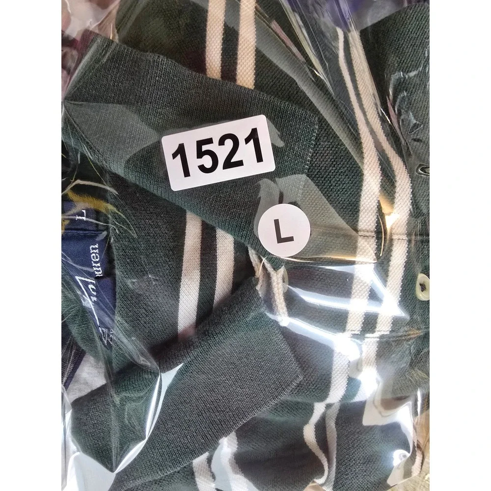Polo Ralph Lauren Mens Large Green White Striped Short Sleeve Pique Polo Shirt